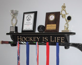 Hockey is Life - Trophy Shelf w/ Stick Brackets