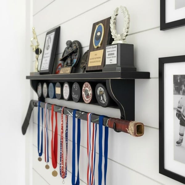Hockey Puck Display Shelf: Trophy & Ribbon Organizer