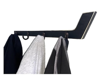 Hockey Stick Coat Rack: Stick with Hooks, Hat, Keys, Mini Hockey Sticks, Medals & Ribbons Display