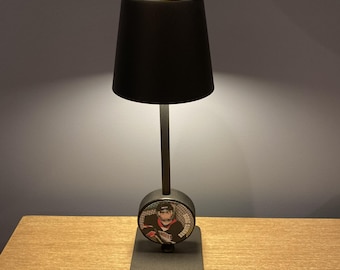 Hockey Puck Lamp with Custom Photo: Player, Team, Coach, Cordless, Rechargeable, Black, White, Brass Gold