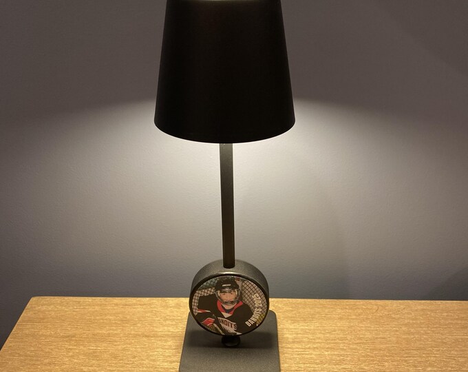 Featured listing image: Hockey Puck Lamp with Custom Photo: Player, Team, Coach, Cordless, Rechargeable, Black, White, Brass Gold