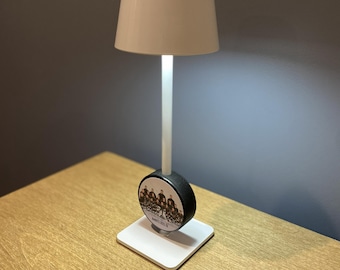 Hockey Puck Lamp with Custom Photo: Player, Team, Girl, Cordless, Rechargeable, Black, White, Brass Gold