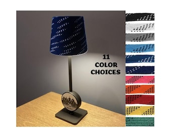 Custom Photo Hockey Puck Lamp: Hockey Laces Shade, Rechargeable, Cordless, Black, White or Brass Gold Finish