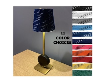 Custom Photo Hockey Puck Lamp: Hockey Laces Shade, Rechargeable, Cordless, Black, White or Brass Gold Finish