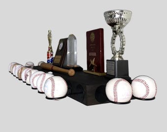 Baseball Trophy Display Shelf with Bat and Medal Holder, Ball Display Rack for Memorabilia, Awards, Trophies and Signed Baseballs