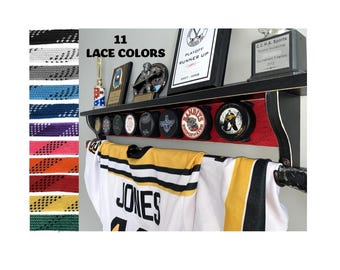 Hockey Puck Display Shelf with Hockey Laces: Trophy & Ribbon Organizer