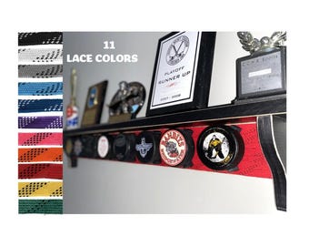 Hockey Puck Display Shelf with Hockey Laces: Trophy & Ribbon Organizer