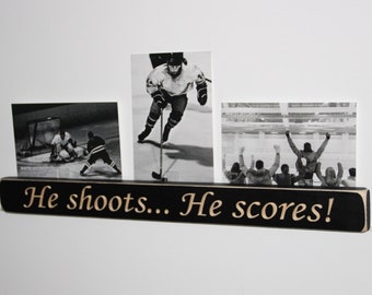 He shoots... He scores!  -  Triple Photo Sign