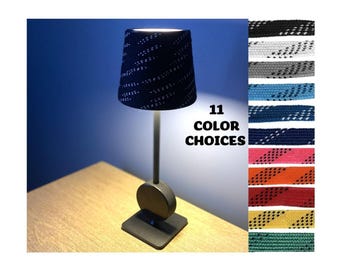 Custom Photo Hockey Puck Lamp: Hockey Laces Shade, Rechargeable, Cordless, Black, White or Brass Gold Finish