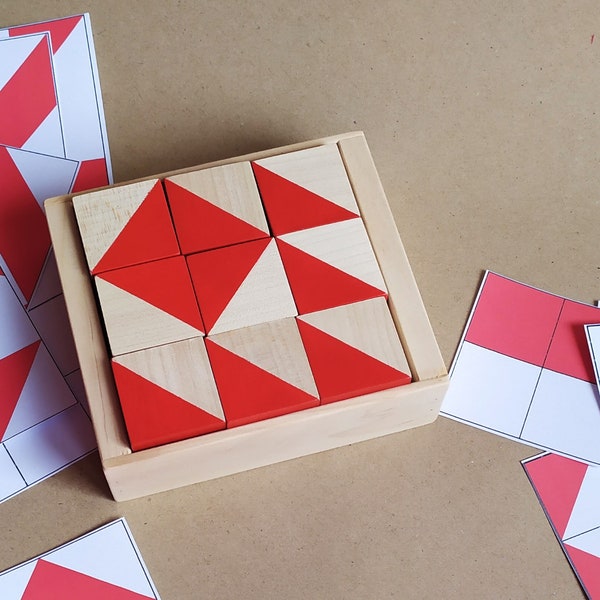 Test de bloc Kohs en bois dans une boîte, schémas de blocs Kohs, bloc de Koh en bois, figure de test d'intelligence, bloc iq, jouets en bois iq, blocs colorés