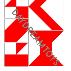 May include: Four red and white geometric shapes arranged in a grid. The shapes are made of squares and triangles.