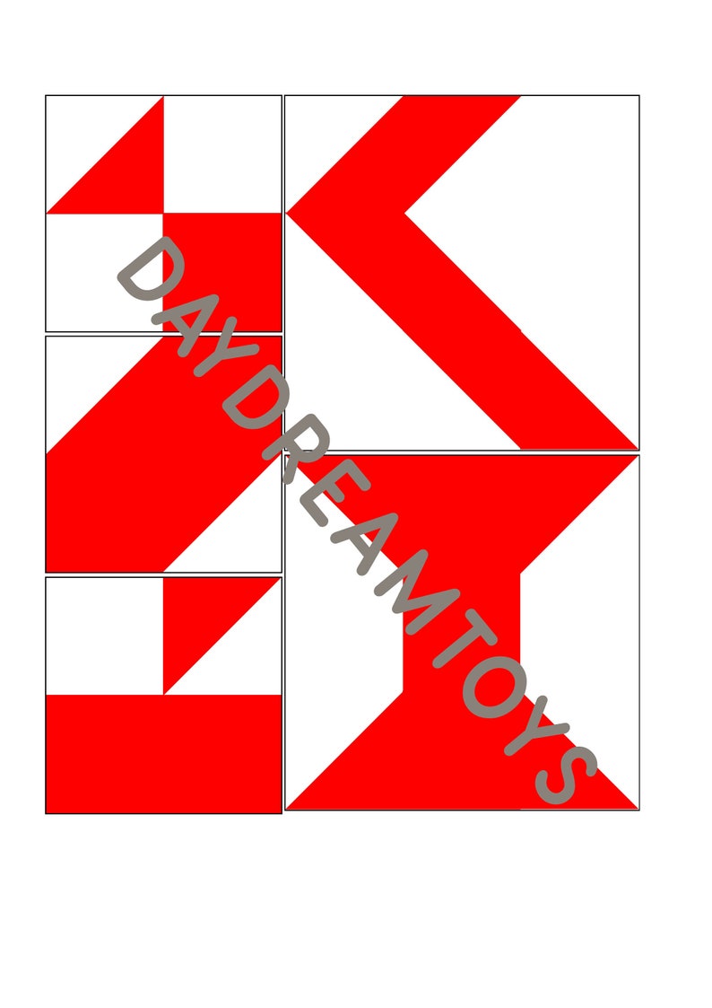May include: Four red and white geometric shapes arranged in a grid. The shapes are made of squares and triangles.