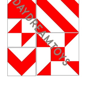 May include: Four different quilt blocks with a red and white geometric pattern. The blocks are arranged in a grid pattern.