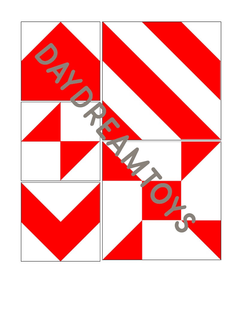 May include: Four different quilt blocks with a red and white geometric pattern. The blocks are arranged in a grid pattern.