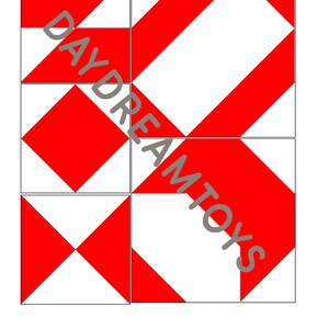 May include: Four red and white square tiles with geometric patterns. The tiles are arranged in a 2x2 grid. The tiles are made of a white background with red diagonal lines.