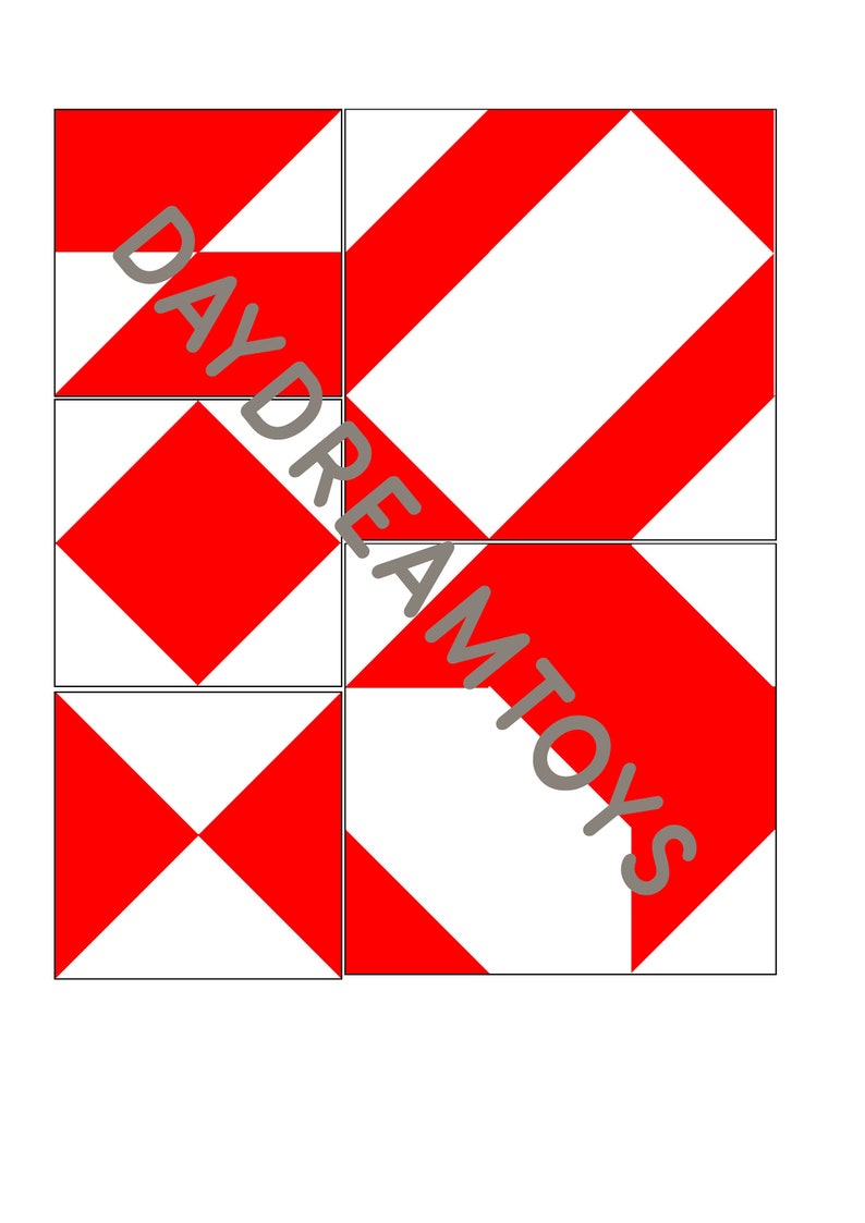 May include: Four red and white square tiles with geometric patterns. The tiles are arranged in a 2x2 grid. The tiles are made of a white background with red diagonal lines.