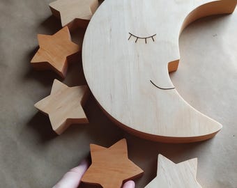 Gioco impilabile in legno con luna e stelle, giocattolo di equilibrio Montessori, puzzle in legno Waldorf, gioco a finale aperto, regalo per bambini piccoli