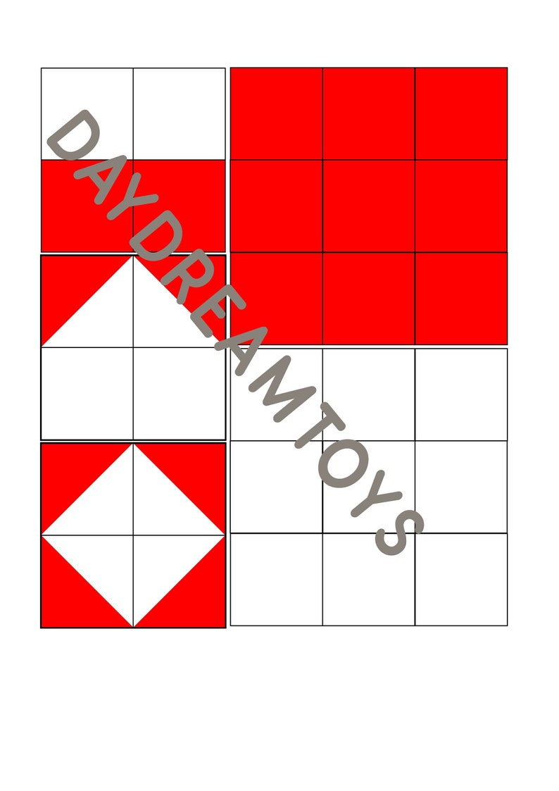 May include: A black and white grid with a red triangle and a red diamond shape. The triangle and diamond are filled in with white. The grid is divided into 9 squares.