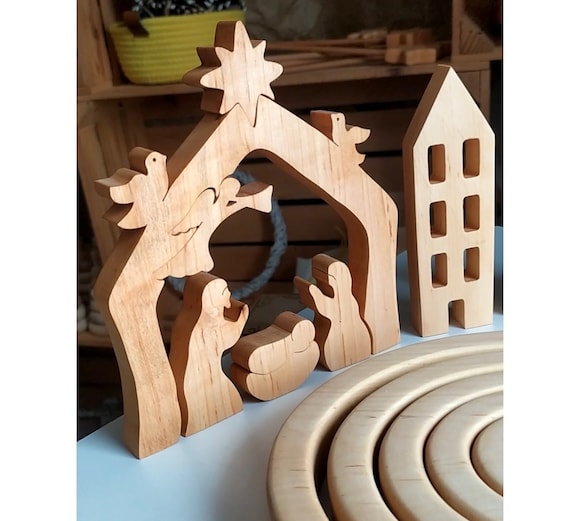 Noel en bois : décoration bois découpé Crèche de Noel puzzle en bois à  peindre, 10 pièces fait main en érable massif