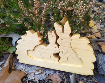 Puzzle di legno a forma di coniglietto, puzzle per bambini piccoli in 3 pezzi, giocattolo Montessori a forma di coniglio, regalo per neonati, animale in legno Waldorf