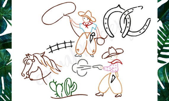 3 Sizes - Vintage Cowboy Machine Embroidery Design Set - 4" 5" 6" - Machine Embriodery Instant Download - 8 File Formats - PES DST JEF