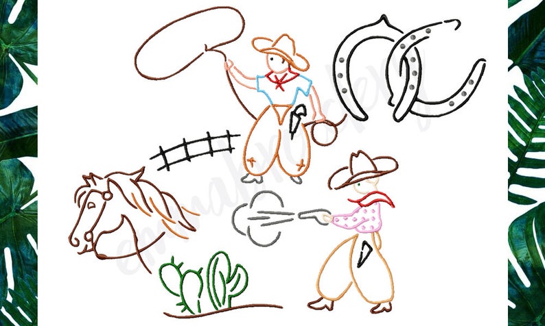 May include: A line drawing illustration of a cowboy with a lasso, a horse, a pair of horseshoes, a cactus, and a cowboy shooting a gun. The illustration is done in brown, orange, green, and grey.