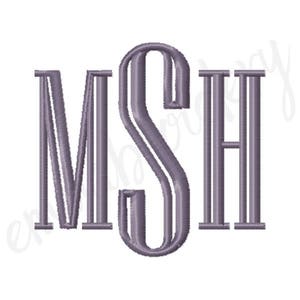 May include: A monogram with the letters MSH in a gray color. The letters are in a serif font and are stacked on top of each other.