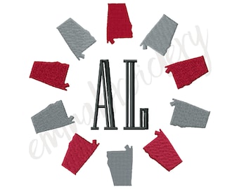 7 Sizes Alabama Shape State Monogram Frame - AL Crimson UA  - Machine Embroidery Design - Instant Download - 8 Formats