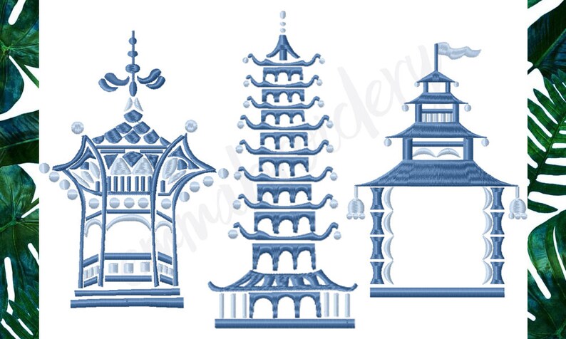 May include: Three blue and white pagoda designs. The designs are in a traditional Chinese style. The pagodas are all different sizes and shapes.