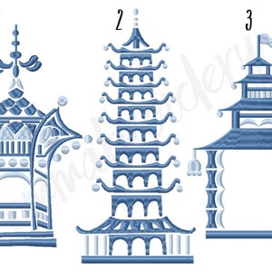 May include: Three blue and white pagoda designs, labeled 1, 2, and 3. The designs are in a traditional Chinese style.