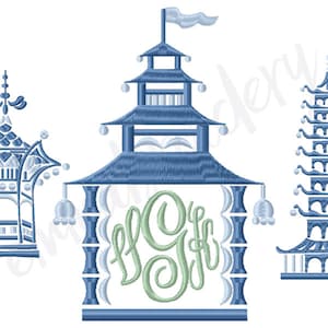 5 Sizes - 3 Pagoda Embroidery Design -  Chinoiserie Chic Monogram Frame - Instant Download - 3&quot; 4&quot; 5&quot; 6&quot; 7&quot; - 8 File Formats PES DST JEF