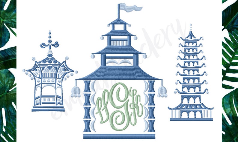 May include: Three blue and white pagoda-style buildings with a green monogram in the center. The buildings are in a traditional Chinese style with curved roofs and decorative details.