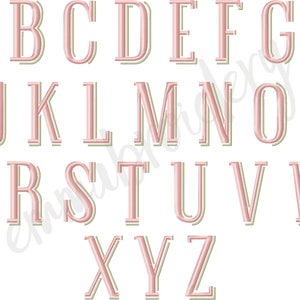 May include: A pink and green alphabet with a double outline. The letters are uppercase and are set against a white background.