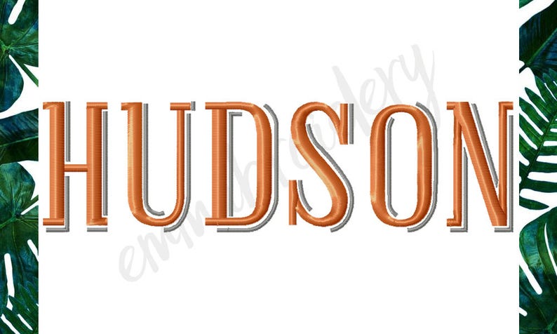 May include: The name "HUDSON" is embroidered in a copper-colored font with a white outline. The letters are stylized with a double outline.