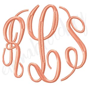 May include: A peach-colored monogram design featuring the letters RLS in a flowing, elegant script. The letters are intertwined in a circular arrangement, with a textured, embroidered appearance. The design is set against a white background, with green tropical leaves on the sides.