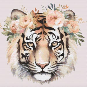Tiger und Blumen Kreuzstichmuster