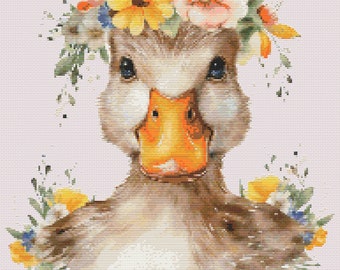 Duck and Flowers Cross Stitch Pattern