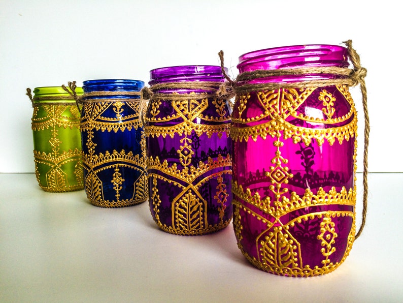 Hand Painted Henna Mason Jar Lantern 16oz Etsy
