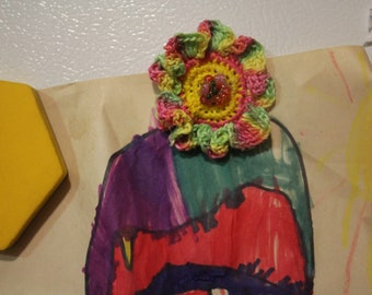 Cute Yellow, Green and Pink Flower Crochet Magnet: Made to make you smile <3