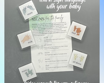 May include: Set of colorful fridge magnets with sign language symbols and corresponding words for 'mom', 'dad', 'milk', 'more', 'all done'. The magnets are designed to help teach sign language to babies and toddlers. The text 'SIGNS for the family' and 'Tridge magnets for easy reference' is also included.