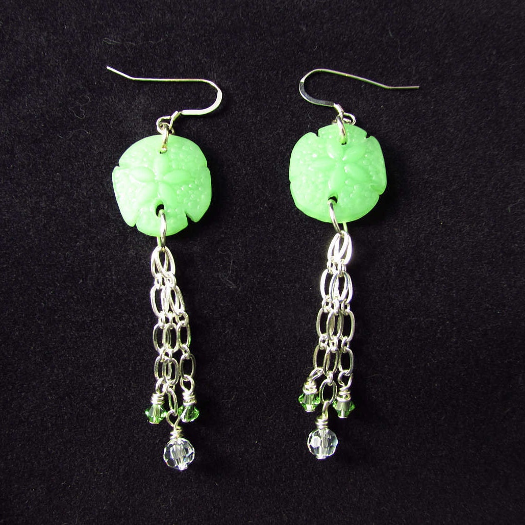 Green Sea Glass Sand Dollar Earrings/ Sea Glass Earrings/ Sand - Etsy