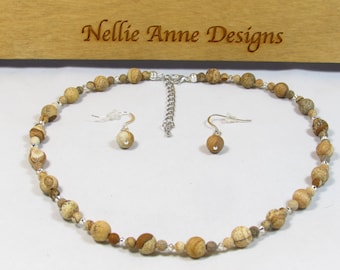 Painted Jasper Necklace and Earring Set: Sterling Silver Hooks