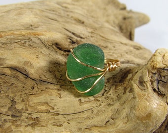 Green Sea Glass Wire Wrapped Ring/ Beach Glass Ring/ Handmade/ Hand Crafted