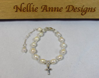 Freshwater Pearl Baby Bracelet: Sterling Silver Cross, Baptism Gift
