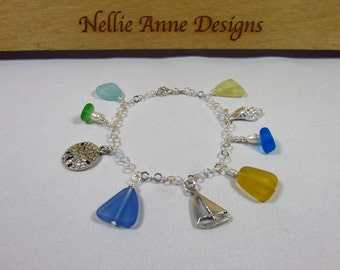 Sea Glass Charm Bracelet: Sterling Silver, Beach Theme, Handmade