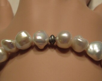 Genuine Keshi Pearl Stretch Bracelet with Antiqued Sterling SIlver Beads/ Handmade/ Hand Crafted