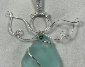 Sea Glass Angel Ornament: Aqua, Swarovski Crystals, Silver Wire