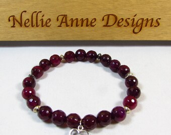 Raspberry Jade Stretch Bracelet: Sterling Silver Heart Charm, Handmade