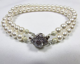 Double Strand White Swarovski Pearl Bracelet/ Handmade/ Hand Crafted/ Bridal Jewelry/ Bridal Party Jewelry