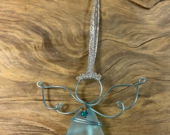Aqua Sea Glass Angel Ornament: Swarovski Crystals, Handmade